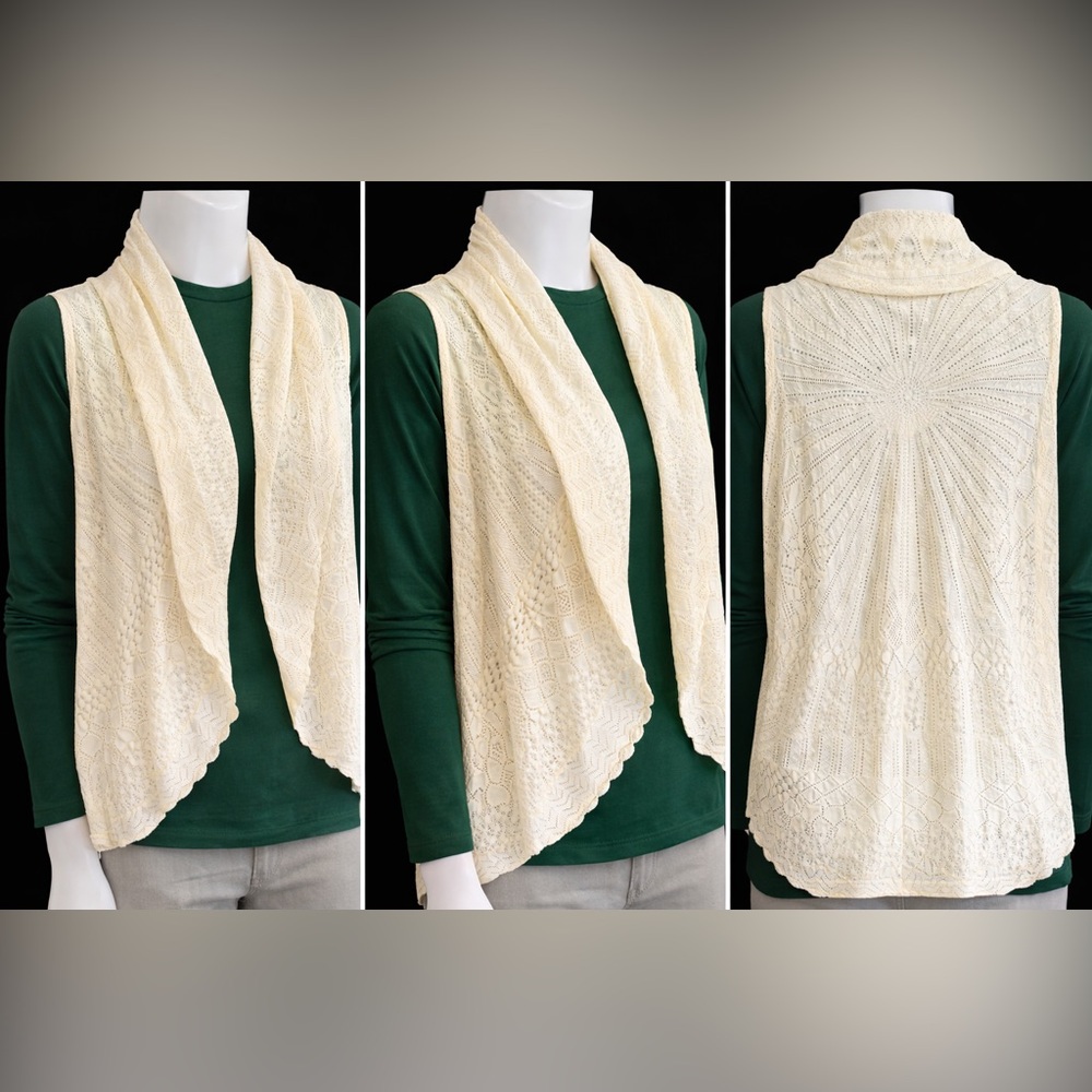 White Textured Cotton Knit Shrug w/ Shawl Collar & Beautiful Back Design Size S